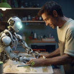 This image illustrates Google's virtual assistant and it shows a human and a robot working together, where the robot is the virtual assistant.