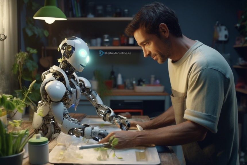 This image illustrates Google's virtual assistant and it shows a human and a robot working together, where the robot is the virtual assistant.